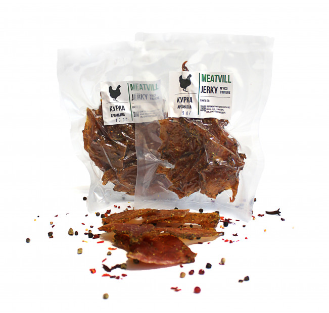 Джерки мясные Meatvill из курицы ароматные в вакуумной упаковке 50г. Фото 1 Джерки мясные Meatvill из курицы ароматные в вакуумной упаковке 50г. Фото 1