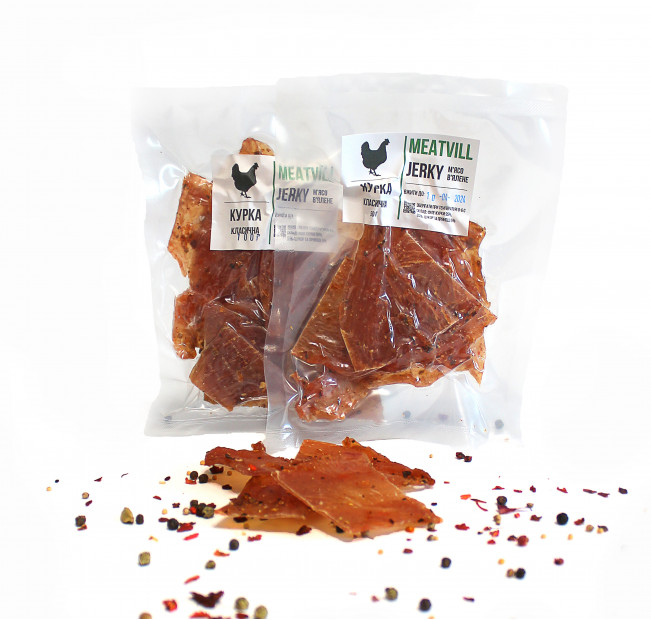 Мясные джерки Meatvill™ из курицы классические в вакууме 50г. Фото 1 Мясные джерки Meatvill™ из курицы классические в вакууме 50г. Фото 1