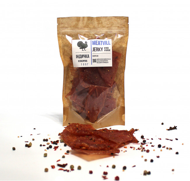 Джерки мясные TM Meatvill из индейки классические в крафтовой пачке 100г. Фото 1