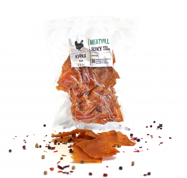 М'ясні джерки Meatvill курячі з карi вакуум 100г. Фото 1