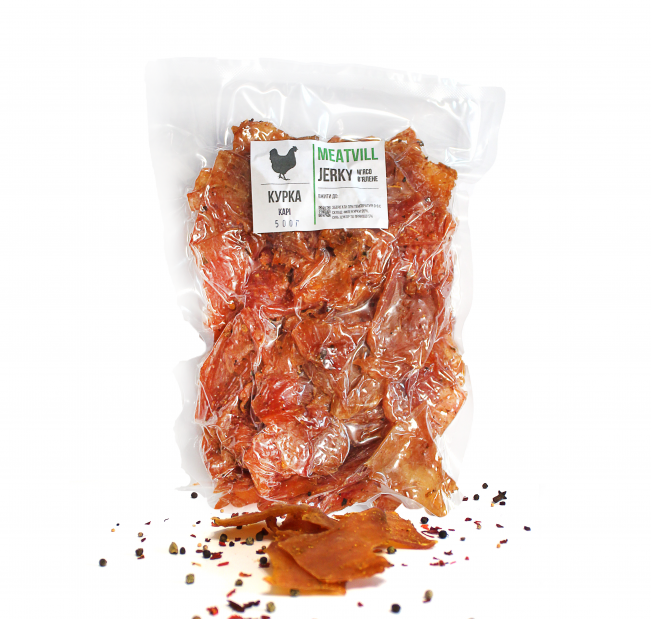 Джерки Meatvill™ курка карi в вакуумі 500г. Фото 1 Джерки Meatvill™ курка карi в вакуумі 500г. Фото 1