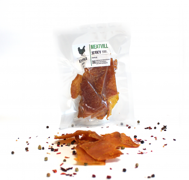 Джерки м'ясні TM Meatvill з курки та карi в вакуумній упаковці 50г. Фото 2 Джерки м'ясні TM Meatvill з курки та карi в вакуумній упаковці 50г. Фото 2