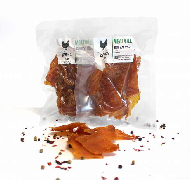 Джерки м'ясні TM Meatvill з курки та карi в вакуумній упаковці 50г. Фото 1 Джерки м'ясні TM Meatvill з курки та карi в вакуумній упаковці 50г. Фото 1
