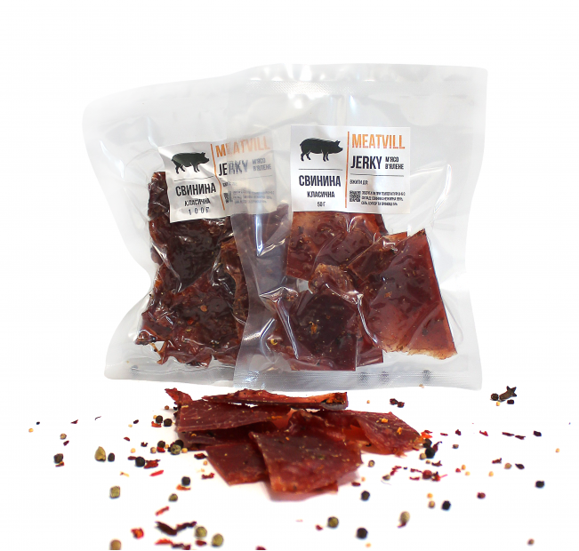 Джерки сушеные Meatvill™ со свинины классические в вакууме 50г. Фото 1 Джерки сушеные Meatvill™ со свинины классические в вакууме 50г. Фото 1