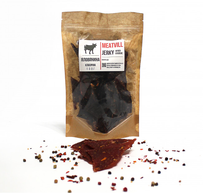 Мясные джерки Meatvill™ говядина классическая крафт 100г. Фото 1 Мясные джерки Meatvill™ говядина классическая крафт 100г. Фото 1