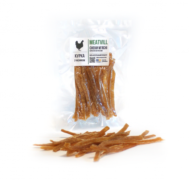 Снеки куриные с чесноком, полоски, вакуум 50г. Фото 1 Снеки куриные с чесноком, полоски, вакуум 50г. Фото 1